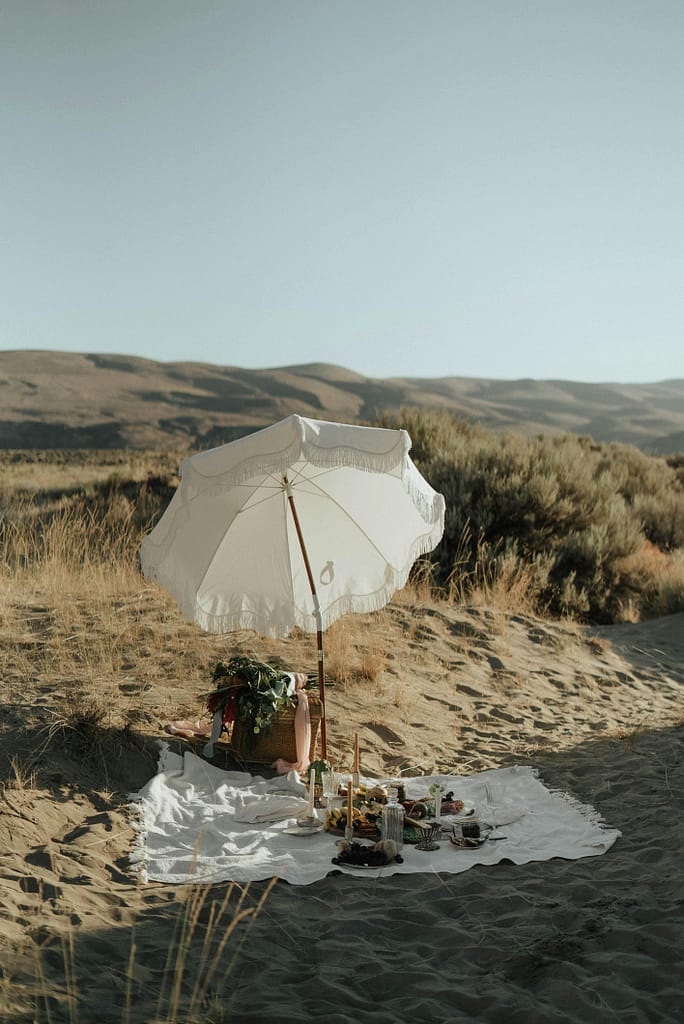 A picturesque boho picnic setup with a parasol, exuding serenity and summer leisure in a natural meadow.